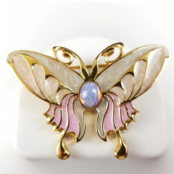 Butterfly Brooch Pin Pastel Colors Gold Colored Back Center Stone Glass Enamel - Picture 3 of 5